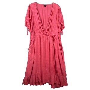 Torrid Midi Dress Womens 2 Pink Swiss Dot Faux Wrap Ruched Sleeve Fairy Flowy